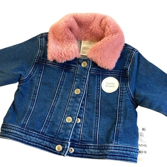 First Impressions Baby Girl Comfy Stretch Denim Jacket Faux-Fur Collar 12 Months - Picture 1 of 6